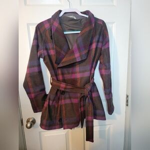 Woolrich Medium Pea Coat Belted Button Up  Wool Blend Sz M Plaid